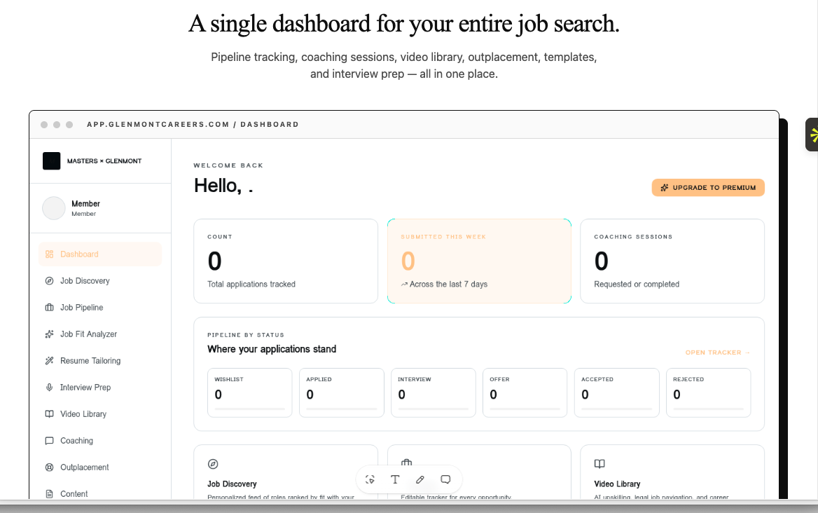 Glenmont Careers dashboard preview showing pipeline tracking, coaching sessions, and job discovery tools